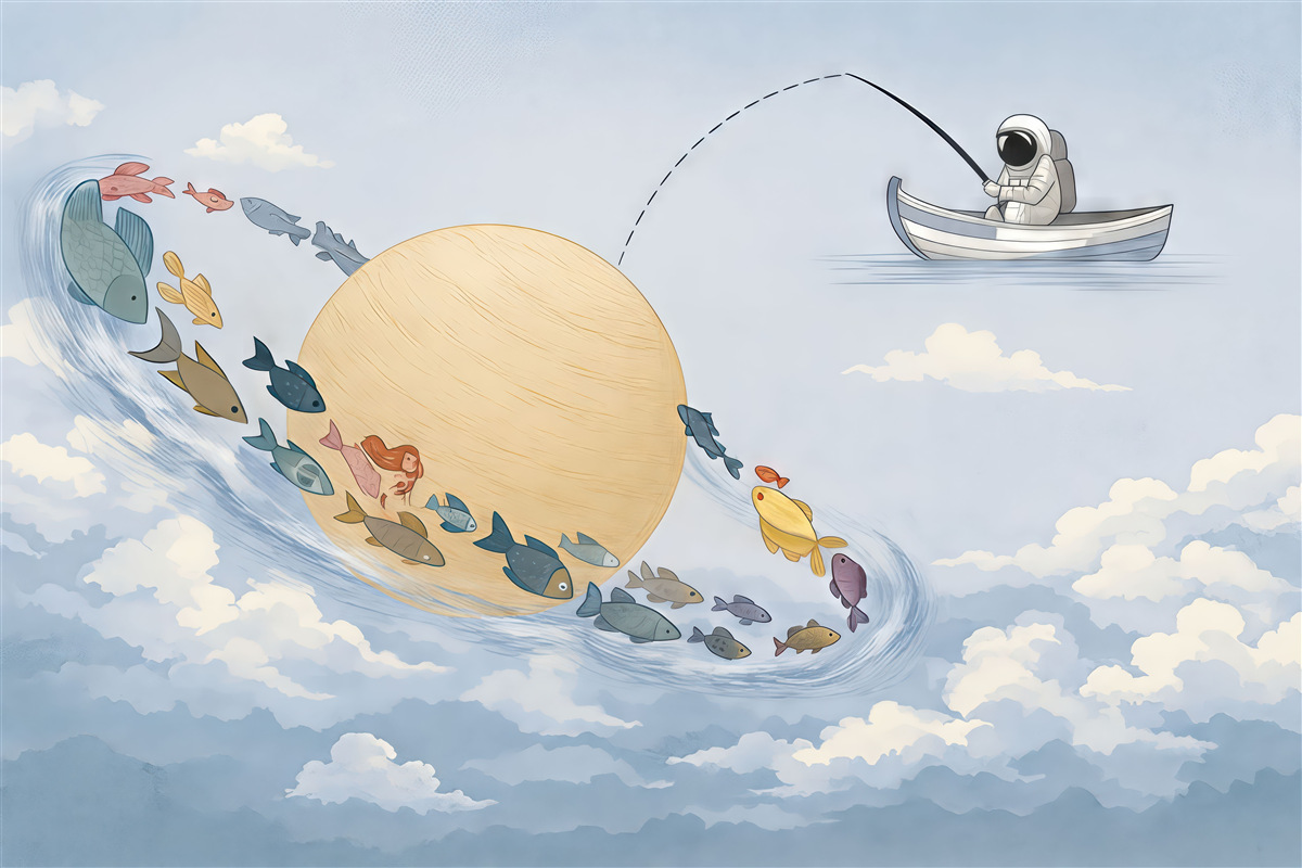 Fototapeta Astronauta, Księżyc oraz niebieska ryba.