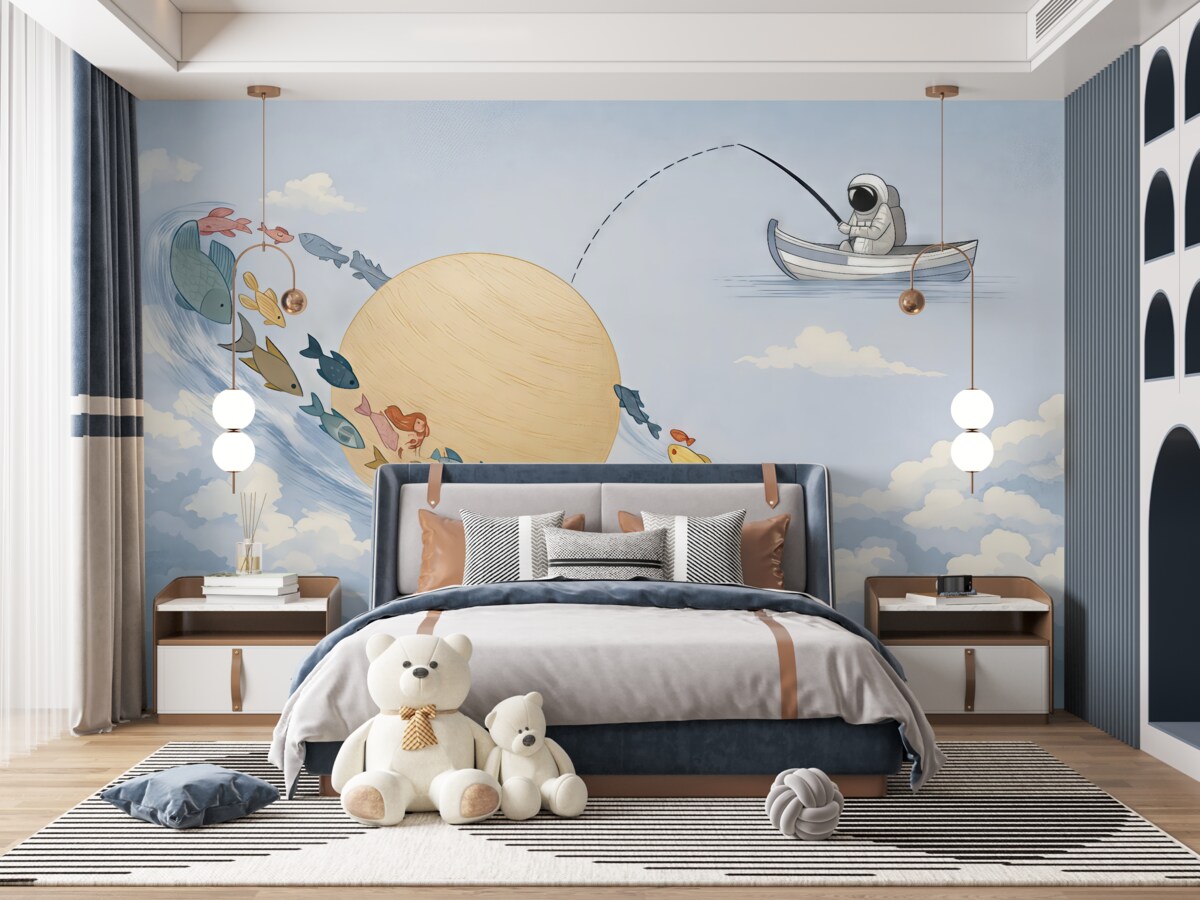 Fototapeta Astronauta, Księżyc oraz niebieska ryba.