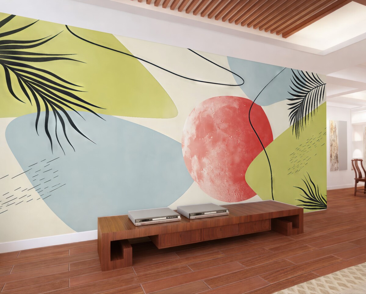 Fototapeta Abstrakcyjne plamy faktury, boho, liść palmy, linie, teksturowane, zielone, czerwone, niebieskie.