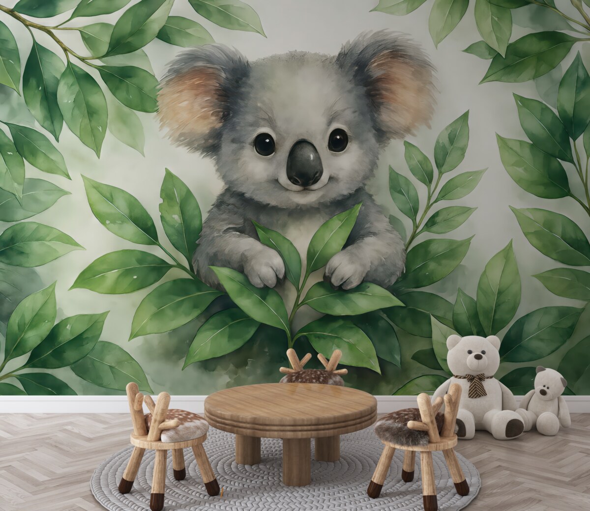 Fototapeta Koala przesiaduje na konarze wśród liści akwarela.