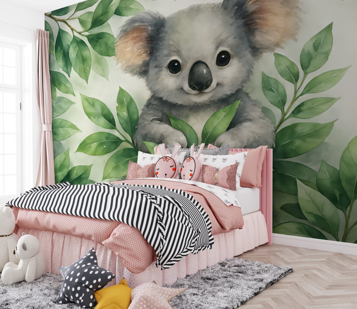 Fototapeta Koala przesiaduje na konarze wśród liści akwarela.