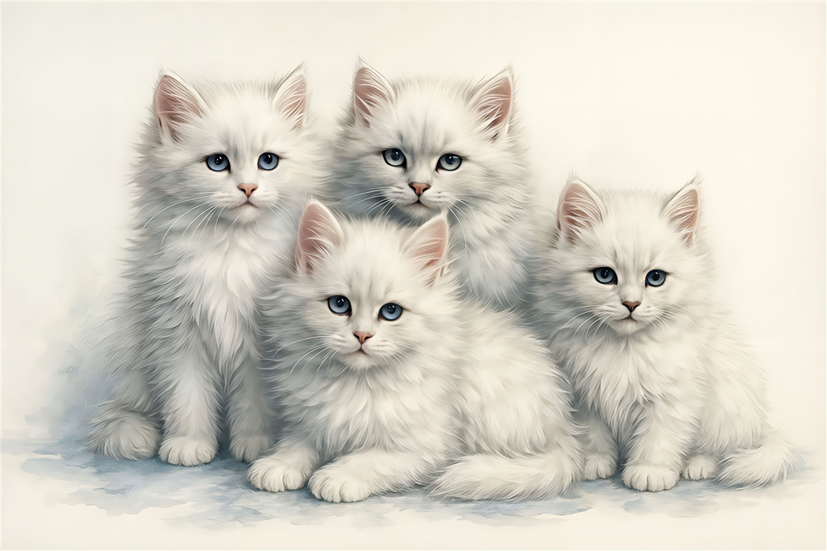 Fototapeta Białe, mięciutkie koty z niebieskimi oczami, siedzące na akwareli.