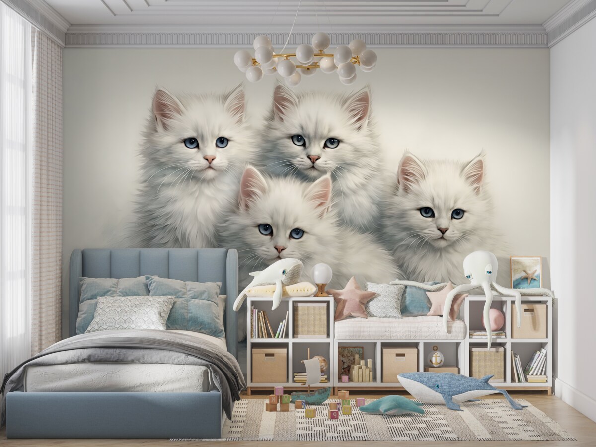 Fototapeta Białe, mięciutkie koty z niebieskimi oczami, siedzące na akwareli.