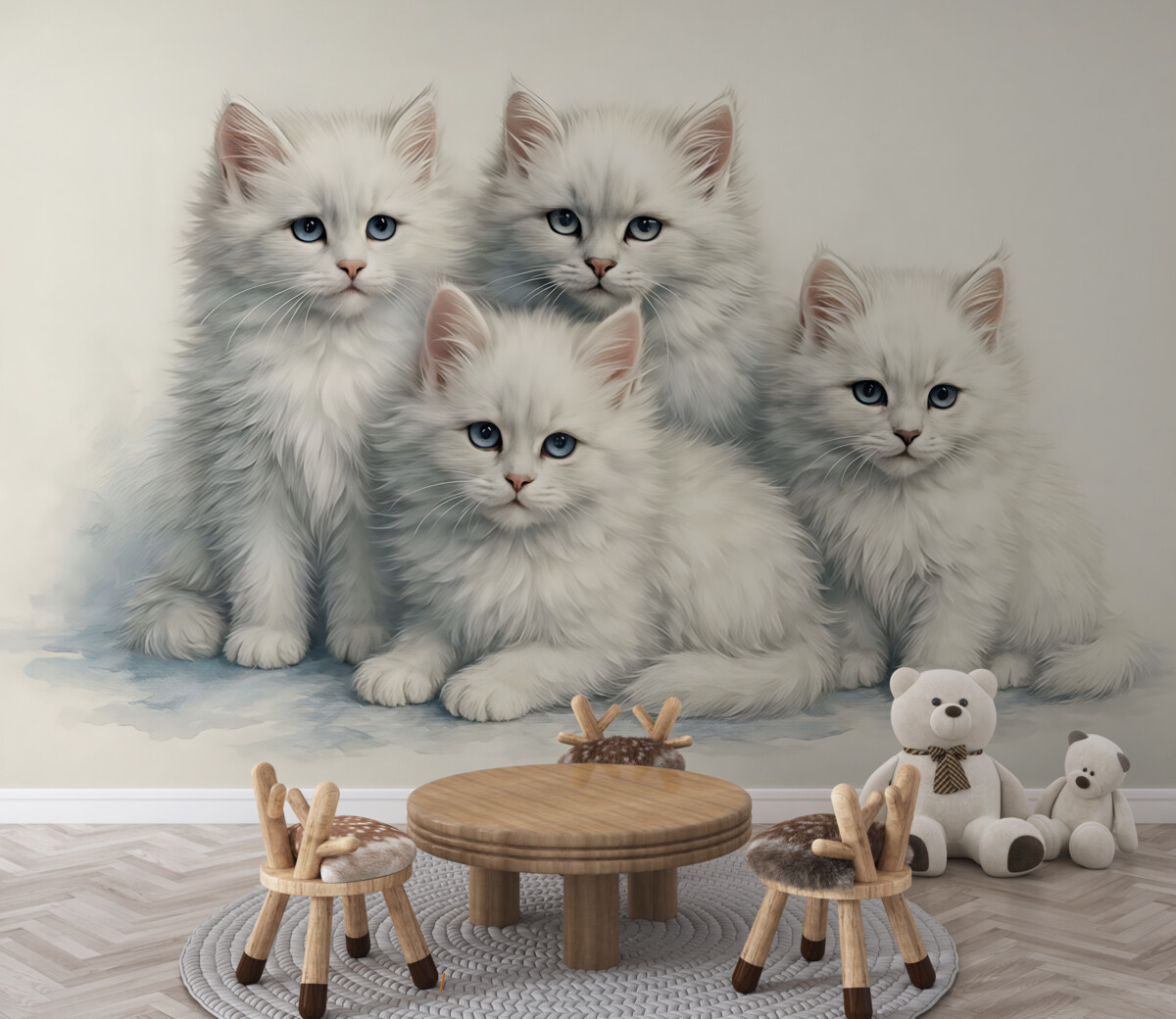 Fototapeta Białe, mięciutkie koty z niebieskimi oczami, siedzące na akwareli.