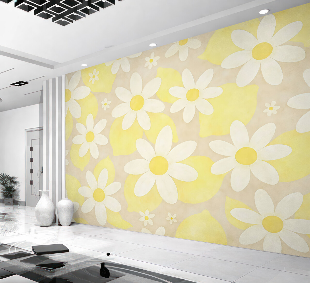 Fototapeta Cytryny oraz białe kwiaty roślinne, faktura, barwa jasnobeżowa i żółta.