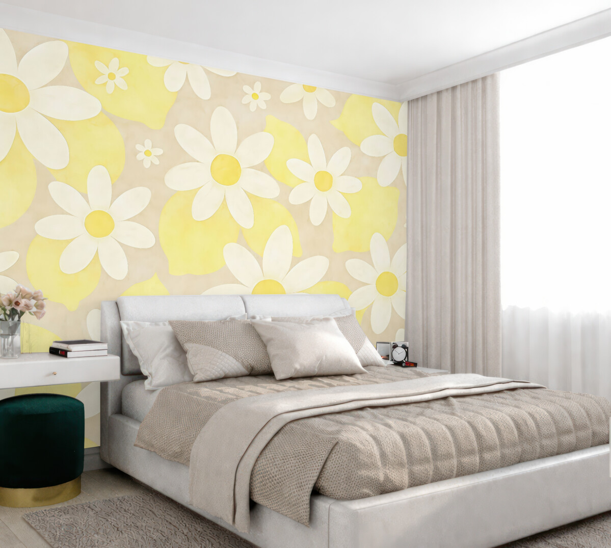 Fototapeta Cytryny oraz białe kwiaty roślinne, faktura, barwa jasnobeżowa i żółta.