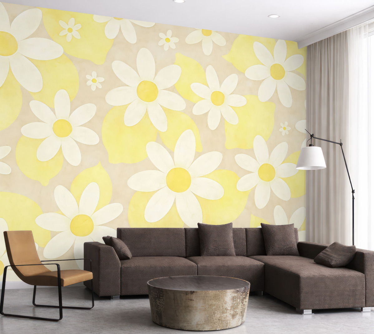 Fototapeta Cytryny oraz białe kwiaty roślinne, faktura, barwa jasnobeżowa i żółta.