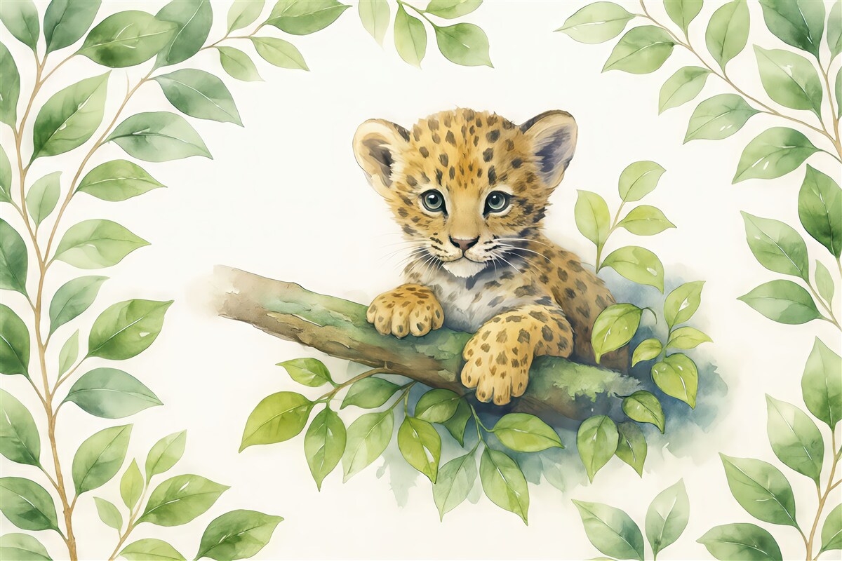 Fototapeta Mały lampart spoczywa na gałęzi w otoczeniu liści akwareli.