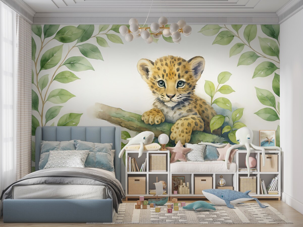 Fototapeta Mały lampart spoczywa na gałęzi w otoczeniu liści akwareli.