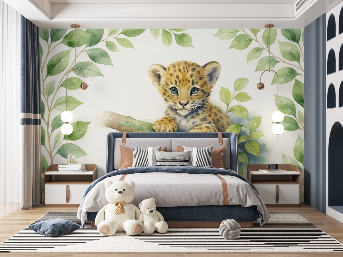 Fototapeta Mały lampart spoczywa na gałęzi w otoczeniu liści akwareli.