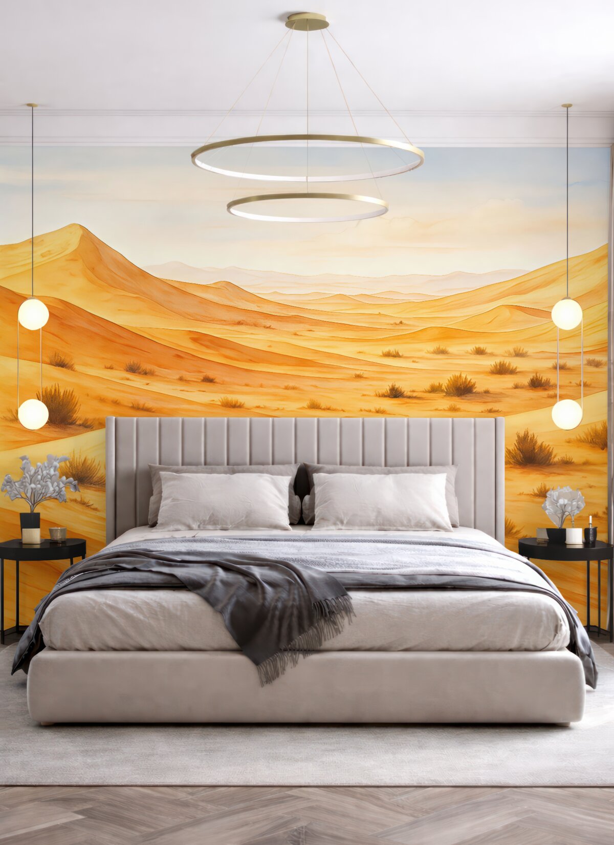 Fototapeta Wydmy na pustyni, akwarela pejzażu piasku, barwy niebieska i pomarańczowa.