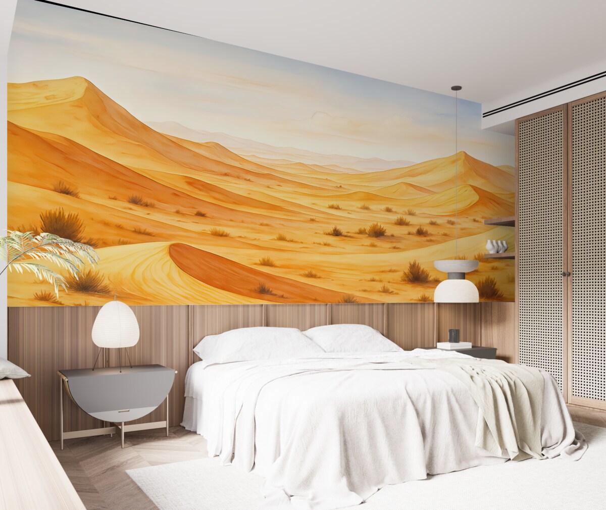 Fototapeta Wydmy na pustyni, akwarela pejzażu piasku, barwy niebieska i pomarańczowa.