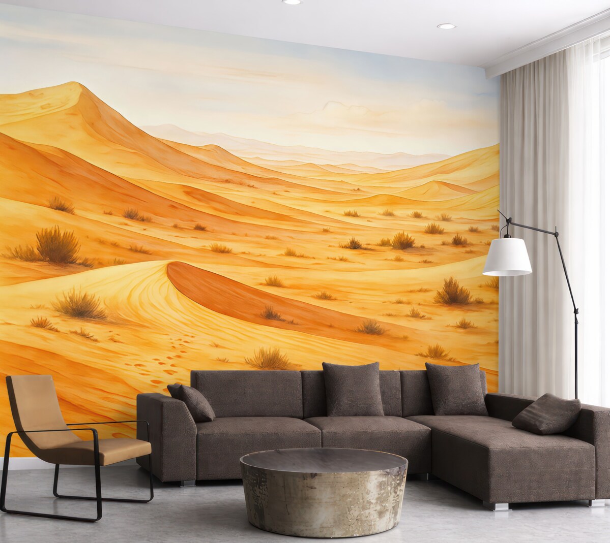 Fototapeta Wydmy na pustyni, akwarela pejzażu piasku, barwy niebieska i pomarańczowa.