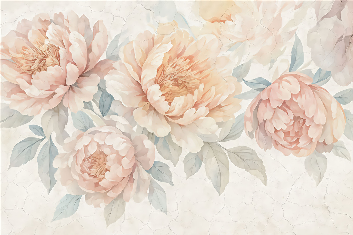 Fototapeta Bukiet dużych, delikatnych pastelowych różowych oraz białych kwiatów piwonii z zielonymi liśćmi na jasnym tle.