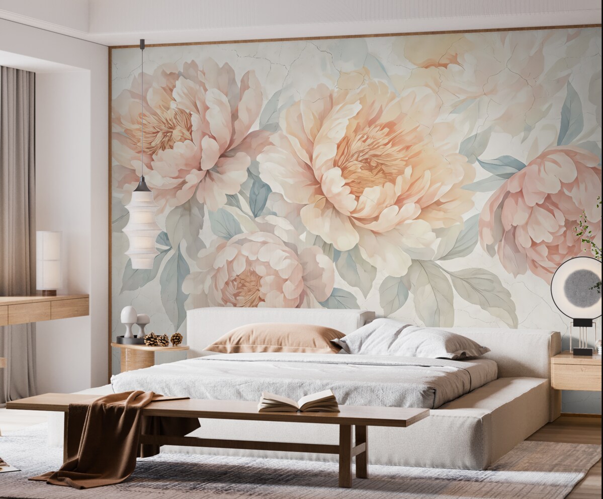 Fototapeta Bukiet dużych, delikatnych pastelowych różowych oraz białych kwiatów piwonii z zielonymi liśćmi na jasnym tle.