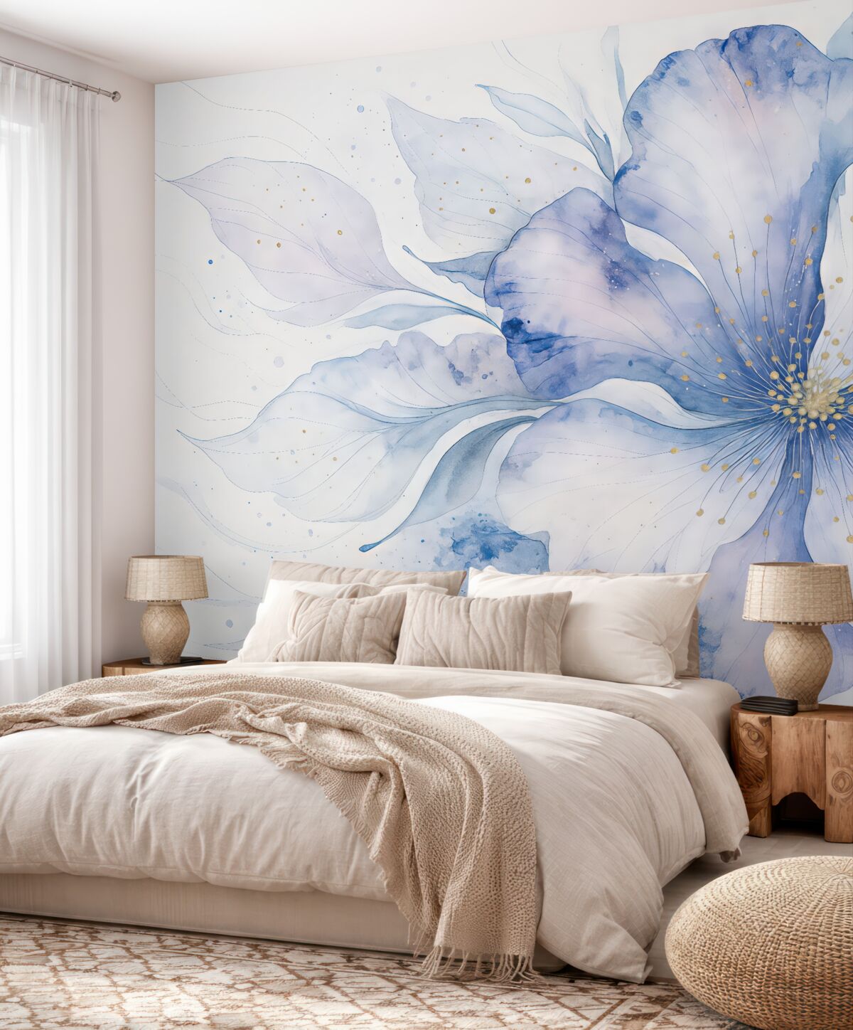 Fototapeta Abstrakcyjny, teksturowany kwiat namalowany akwarelą w tonacjach niebieskiego, fioletowego i białego.