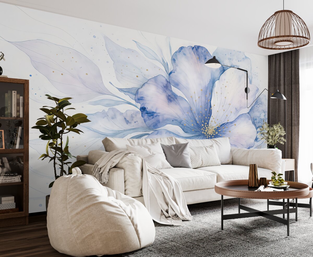 Fototapeta Abstrakcyjny, teksturowany kwiat namalowany akwarelą w tonacjach niebieskiego, fioletowego i białego.