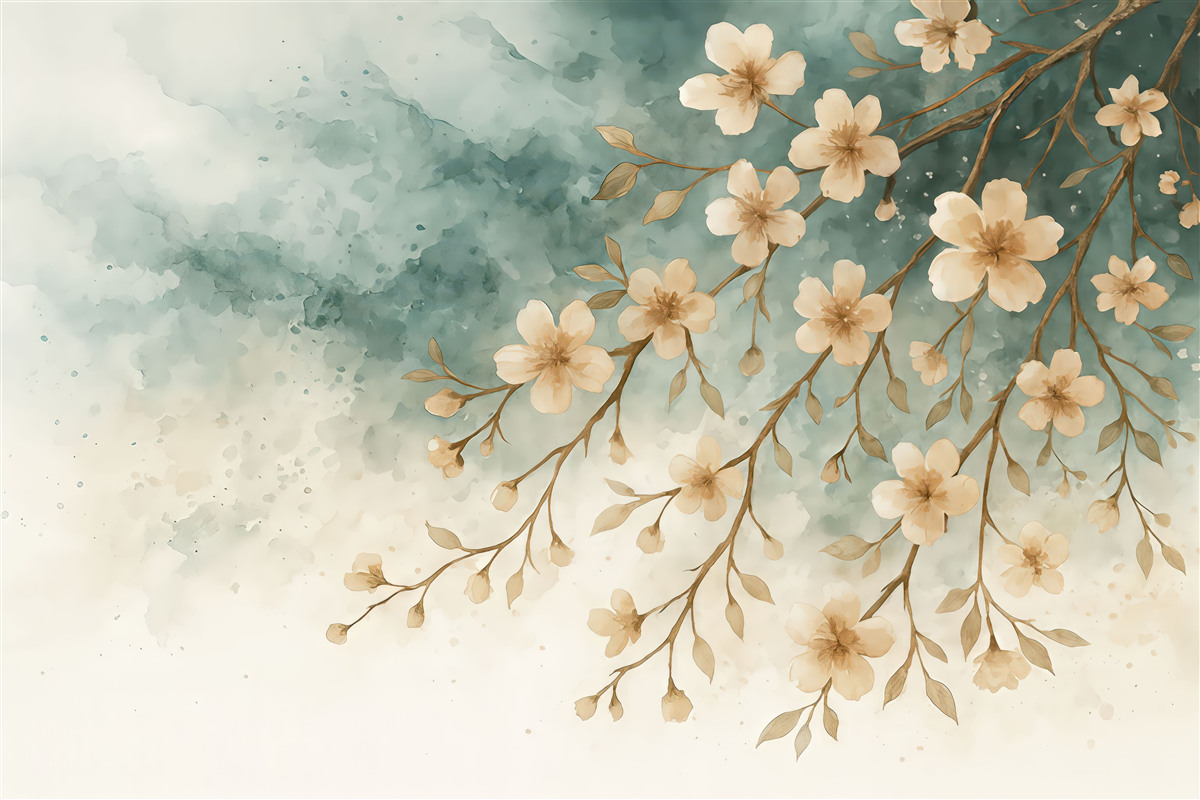 Fototapeta Subtelne różowe kwiaty wiśni w pełnym rozkwicie na konarach drzew na tle akwareli.