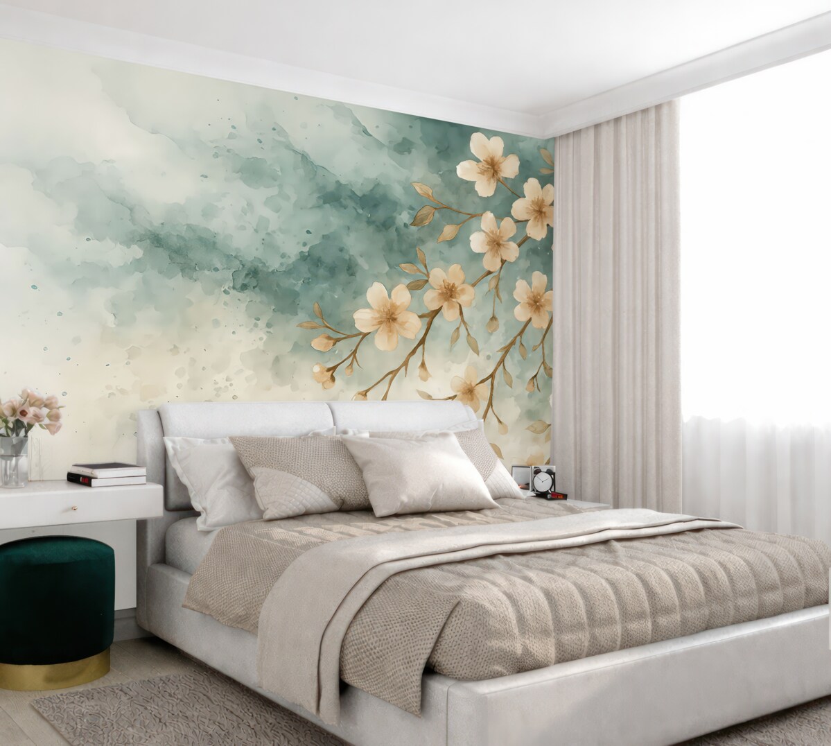 Fototapeta Subtelne różowe kwiaty wiśni w pełnym rozkwicie na konarach drzew na tle akwareli.