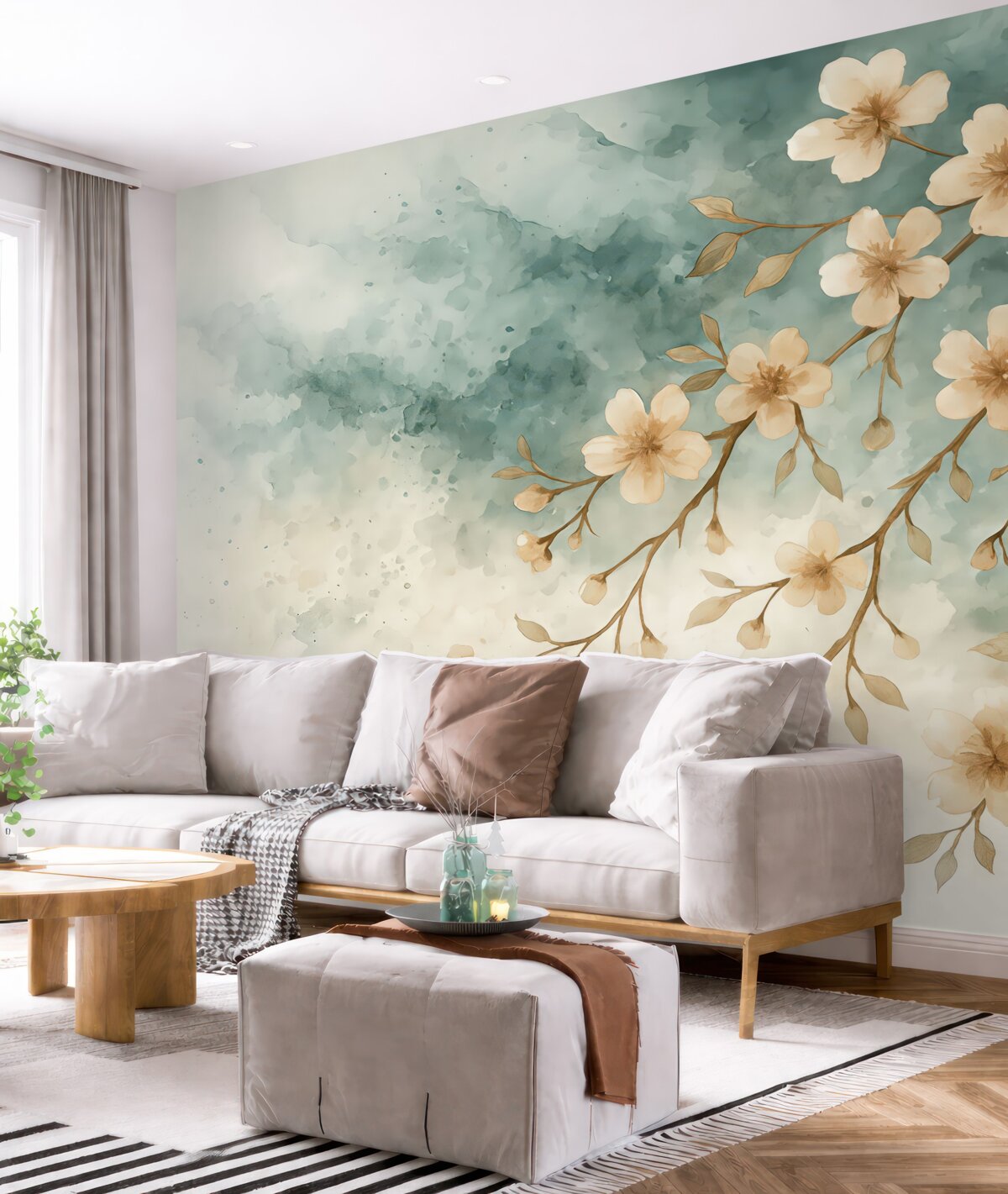 Fototapeta Subtelne różowe kwiaty wiśni w pełnym rozkwicie na konarach drzew na tle akwareli.