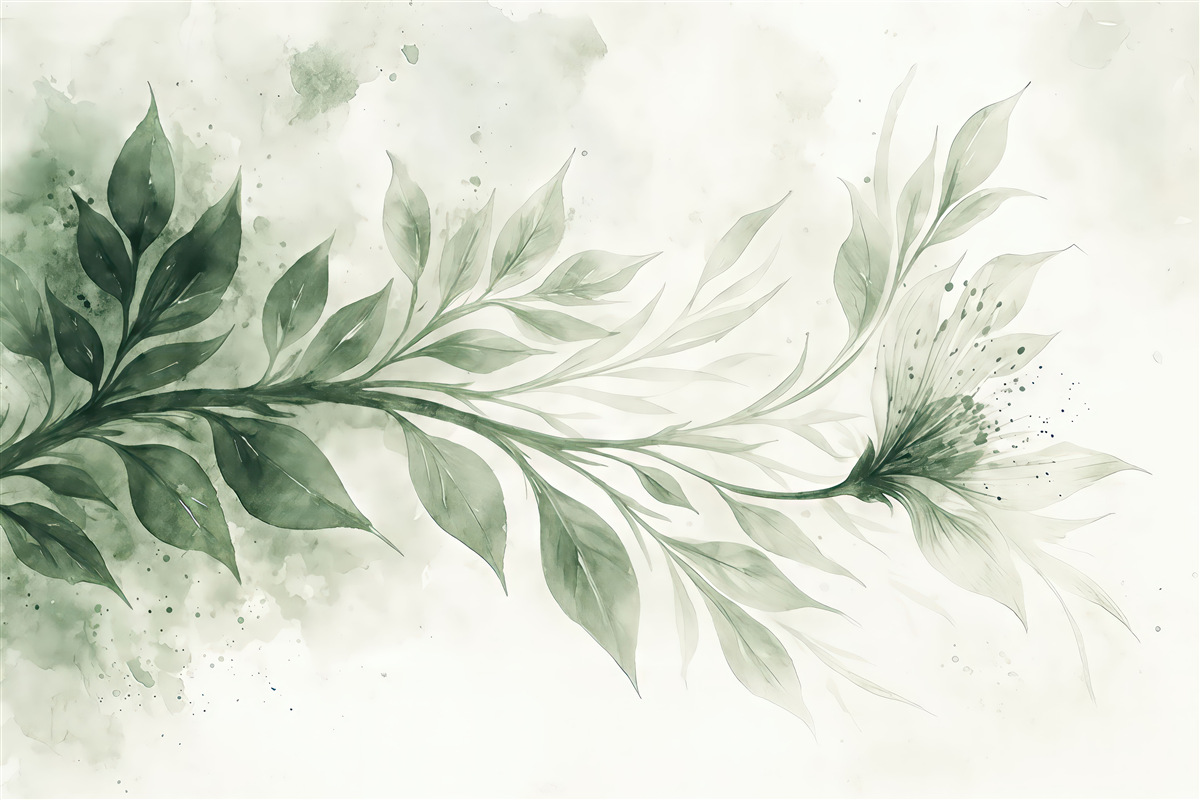 Fototapeta Subtelny teksturowany wzór zielonych liści i gałęzi na gładkim, rozmytym tle.