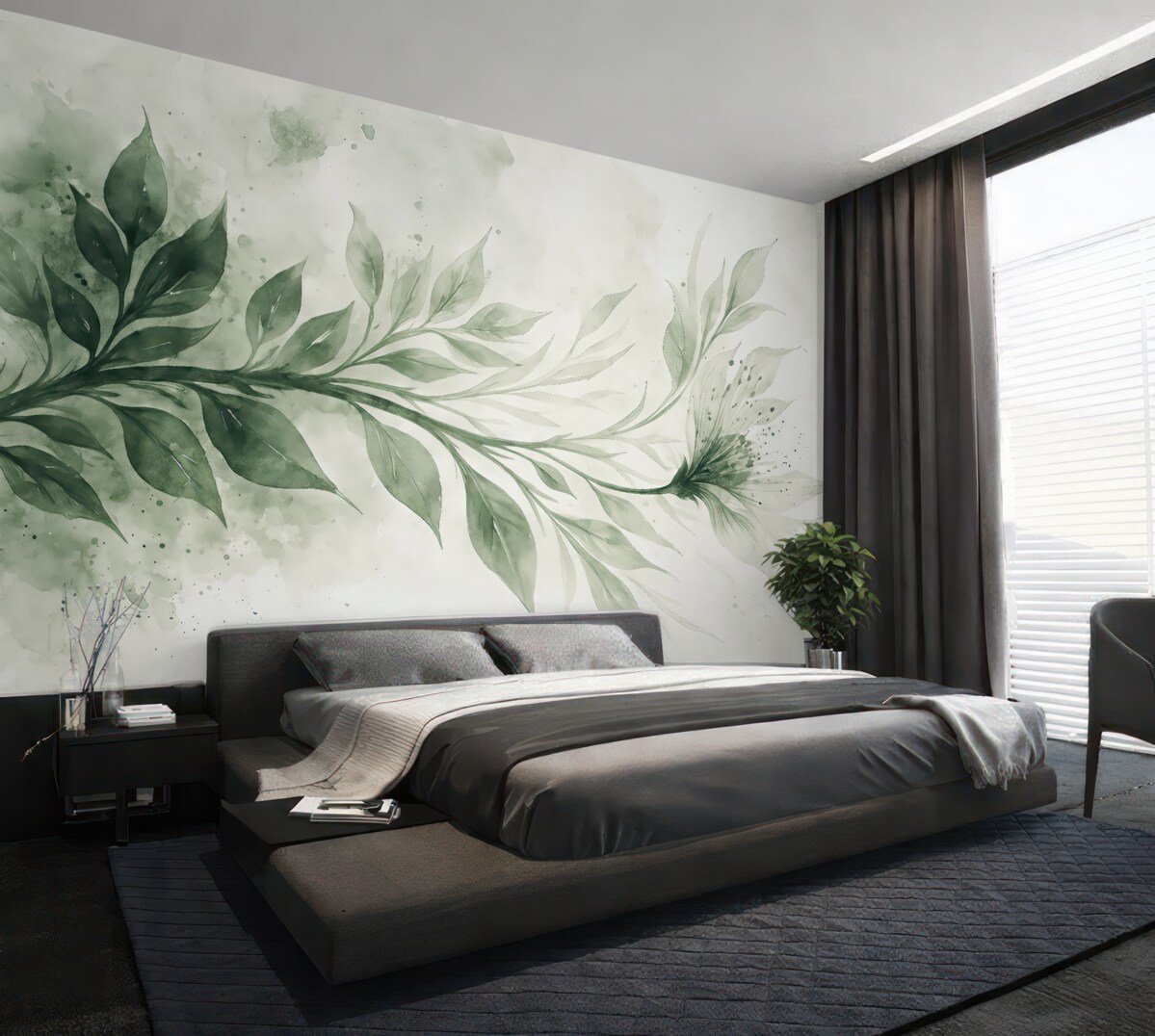 Fototapeta Subtelny teksturowany wzór zielonych liści i gałęzi na gładkim, rozmytym tle.