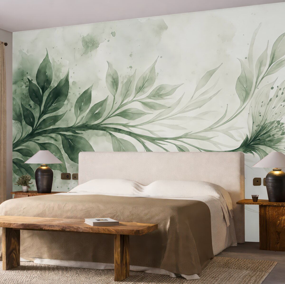 Fototapeta Subtelny teksturowany wzór zielonych liści i gałęzi na gładkim, rozmytym tle.