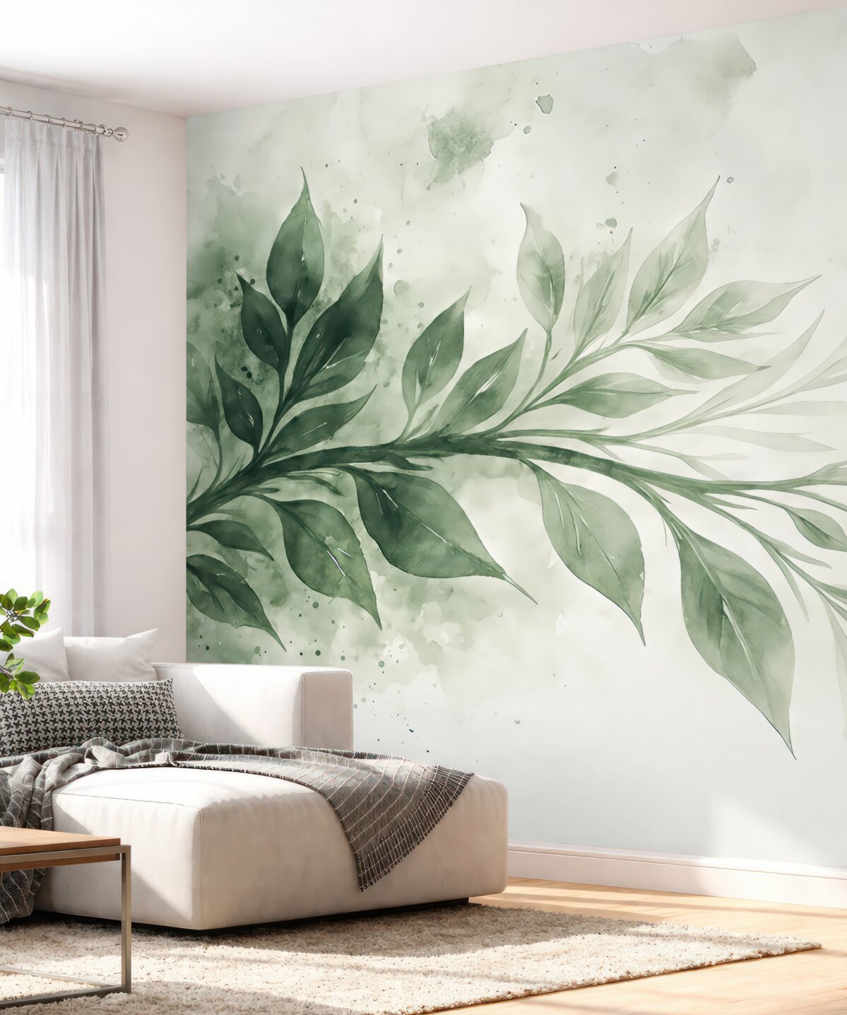 Fototapeta Subtelny teksturowany wzór zielonych liści i gałęzi na gładkim, rozmytym tle.