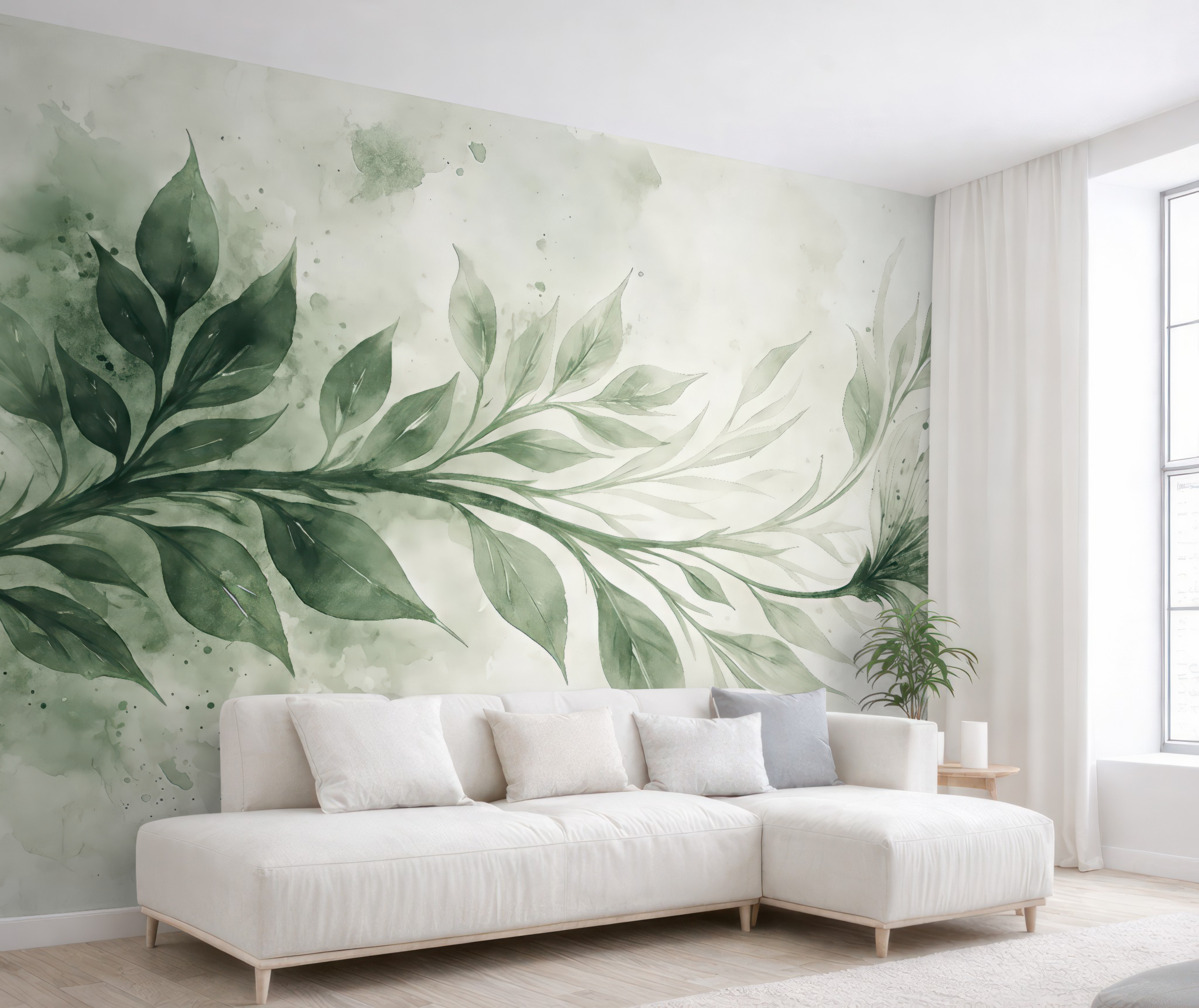 Fototapeta Subtelny teksturowany wzór zielonych liści i gałęzi na gładkim, rozmytym tle.