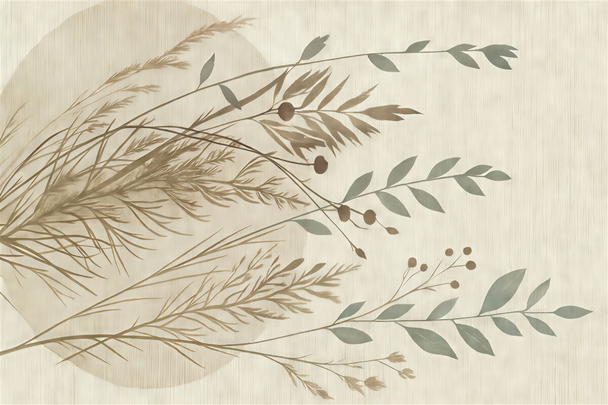 Fototapeta Minimalistyczna grafika o okrągłej formie z abstrakcyjnymi motywami roślinnymi w delikatnych tonacjach ziemi.