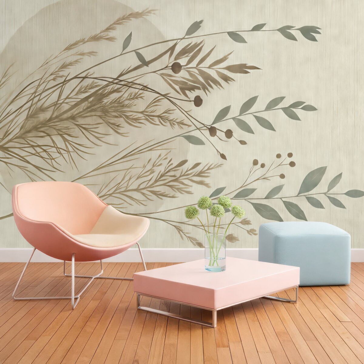 Fototapeta Minimalistyczna grafika o okrągłej formie z abstrakcyjnymi motywami roślinnymi w delikatnych tonacjach ziemi.