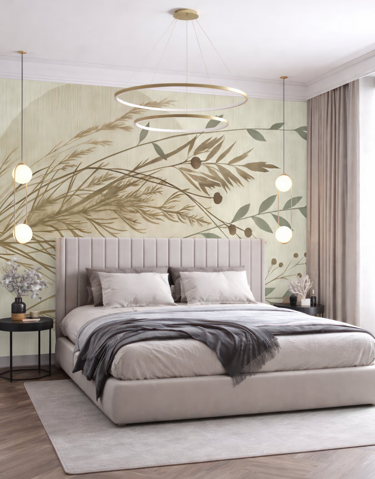 Fototapeta Minimalistyczna grafika o okrągłej formie z abstrakcyjnymi motywami roślinnymi w delikatnych tonacjach ziemi.