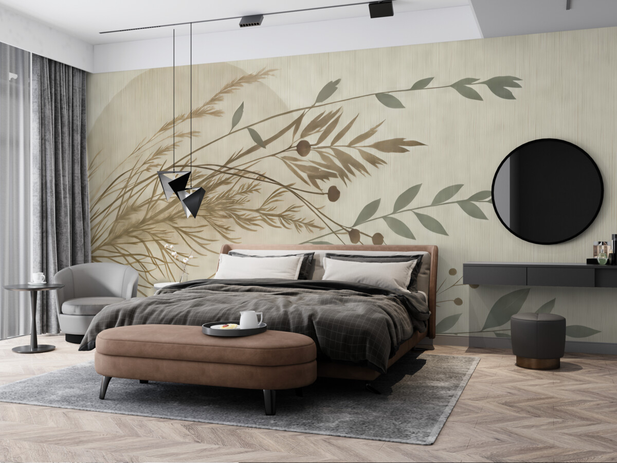 Fototapeta Minimalistyczna grafika o okrągłej formie z abstrakcyjnymi motywami roślinnymi w delikatnych tonacjach ziemi.