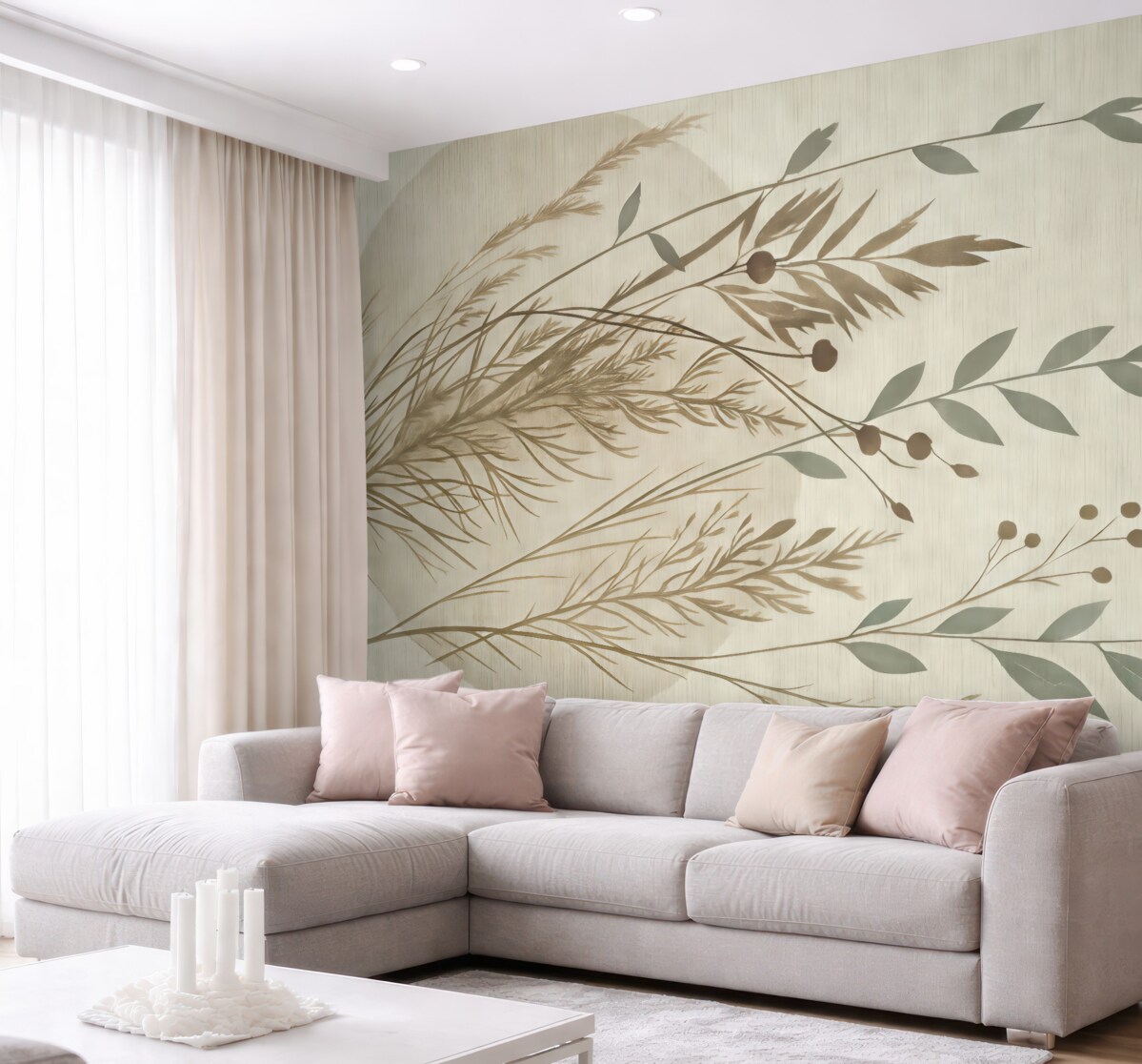 Fototapeta Minimalistyczna grafika o okrągłej formie z abstrakcyjnymi motywami roślinnymi w delikatnych tonacjach ziemi.