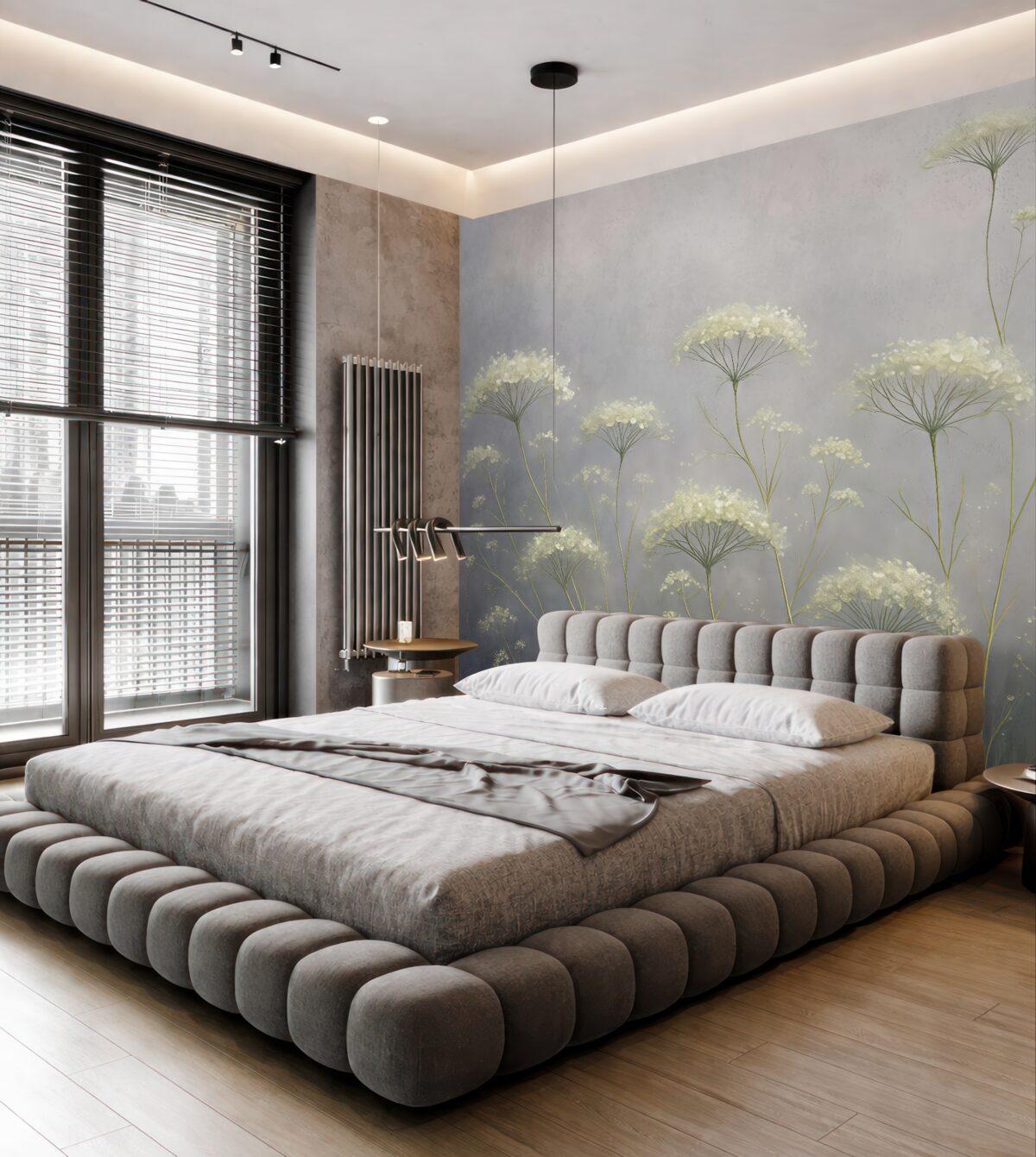 Fototapeta Białe kwiaty na mglistej łące z delikatnym, nieostrym szarym tłem.