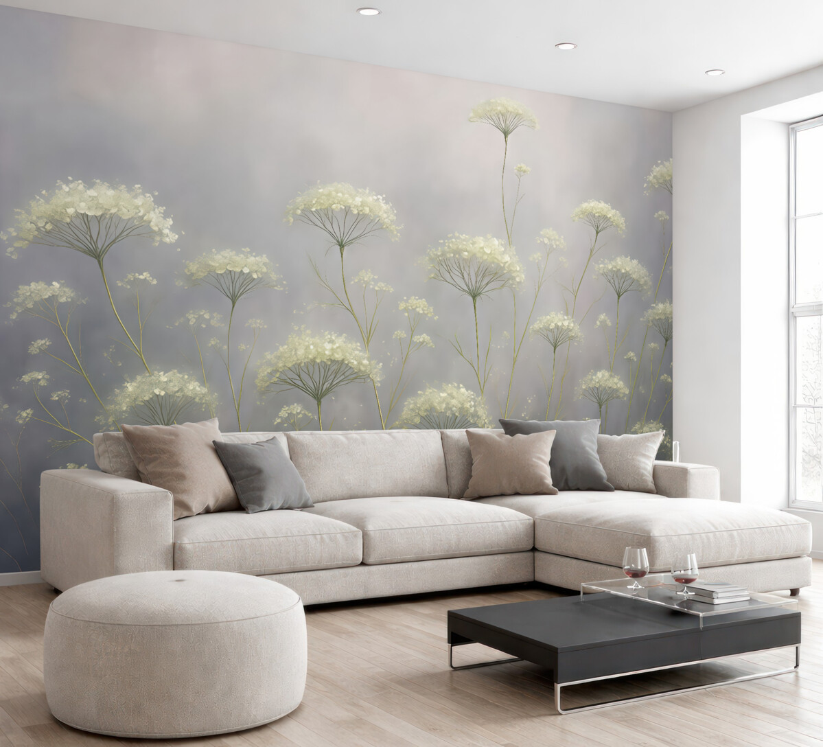 Fototapeta Białe kwiaty na mglistej łące z delikatnym, nieostrym szarym tłem.