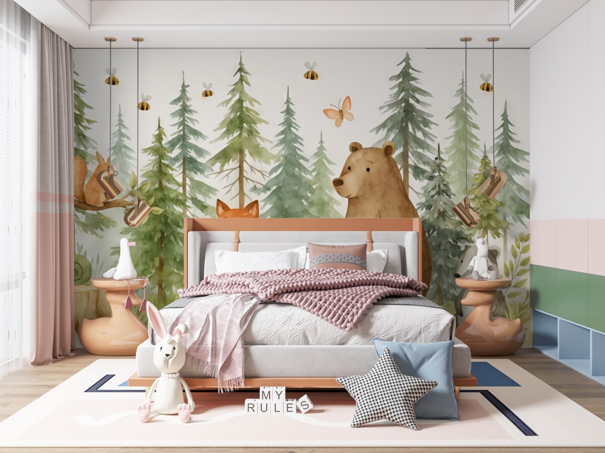 Fototapeta Scena w lesie z zwierzętami i różnymi sosnami w tle.