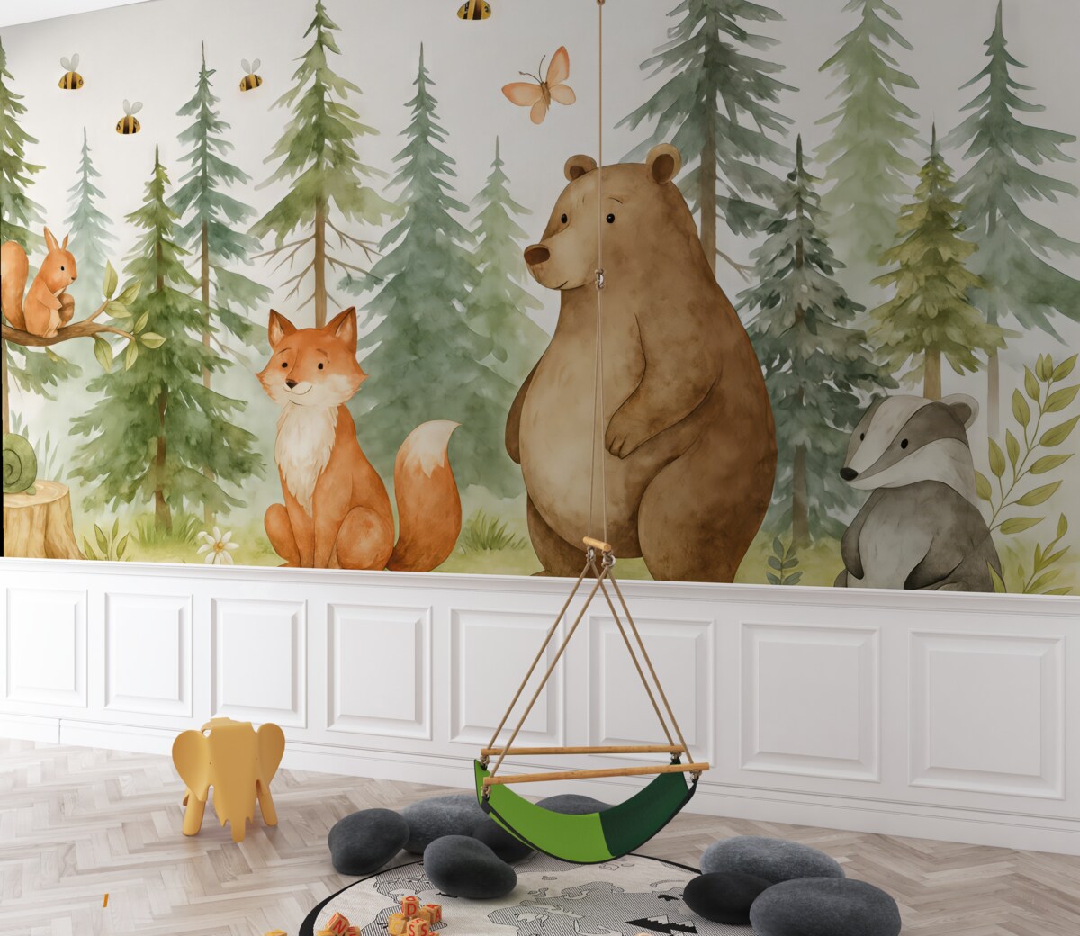 Fototapeta Scena w lesie z zwierzętami i różnymi sosnami w tle.