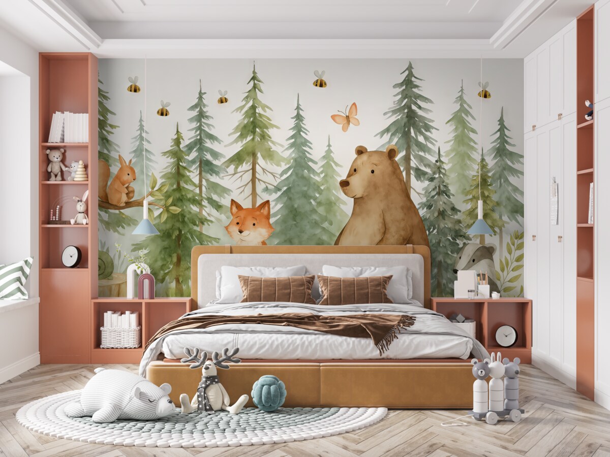 Fototapeta Scena w lesie z zwierzętami i różnymi sosnami w tle.