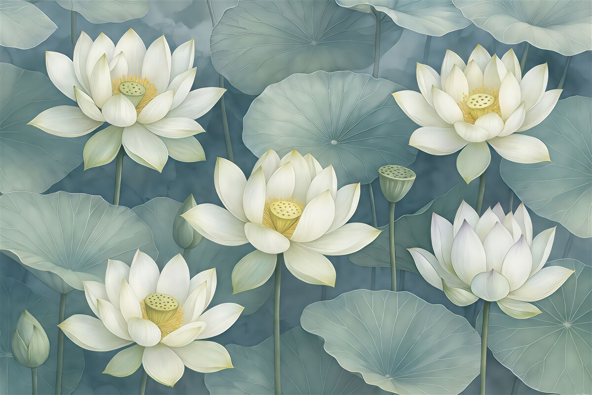 Fototapeta Niebieskie, błękitne kwiaty lotosu z liśćmi.