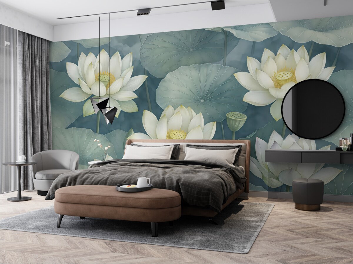 Fototapeta Niebieskie, błękitne kwiaty lotosu z liśćmi.