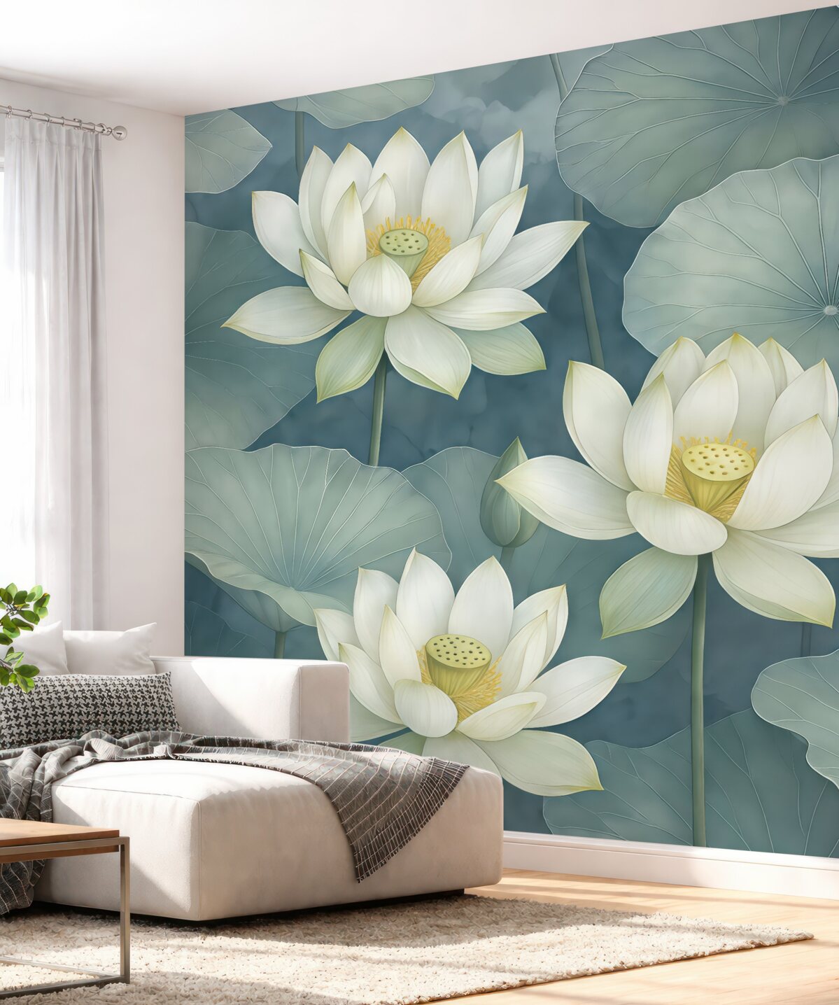 Fototapeta Niebieskie, błękitne kwiaty lotosu z liśćmi.