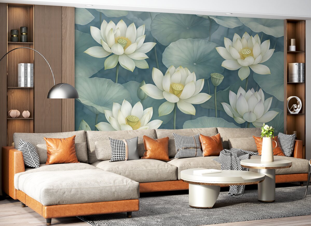 Fototapeta Niebieskie, błękitne kwiaty lotosu z liśćmi.