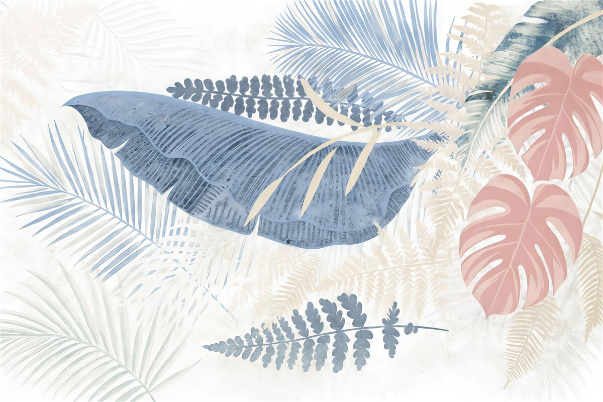 Fototapeta Wsp współczesny wzór roślinny z tropikalnym, teksturowanym motywem liści palmowych w różnych tonacjach niebieskiego, szarego i różowego.