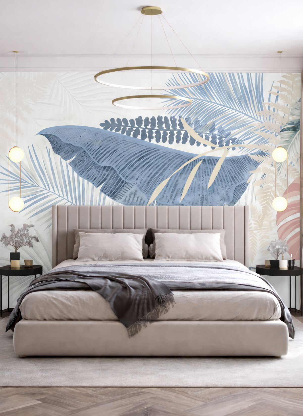 Fototapeta Wsp współczesny wzór roślinny z tropikalnym, teksturowanym motywem liści palmowych w różnych tonacjach niebieskiego, szarego i różowego.