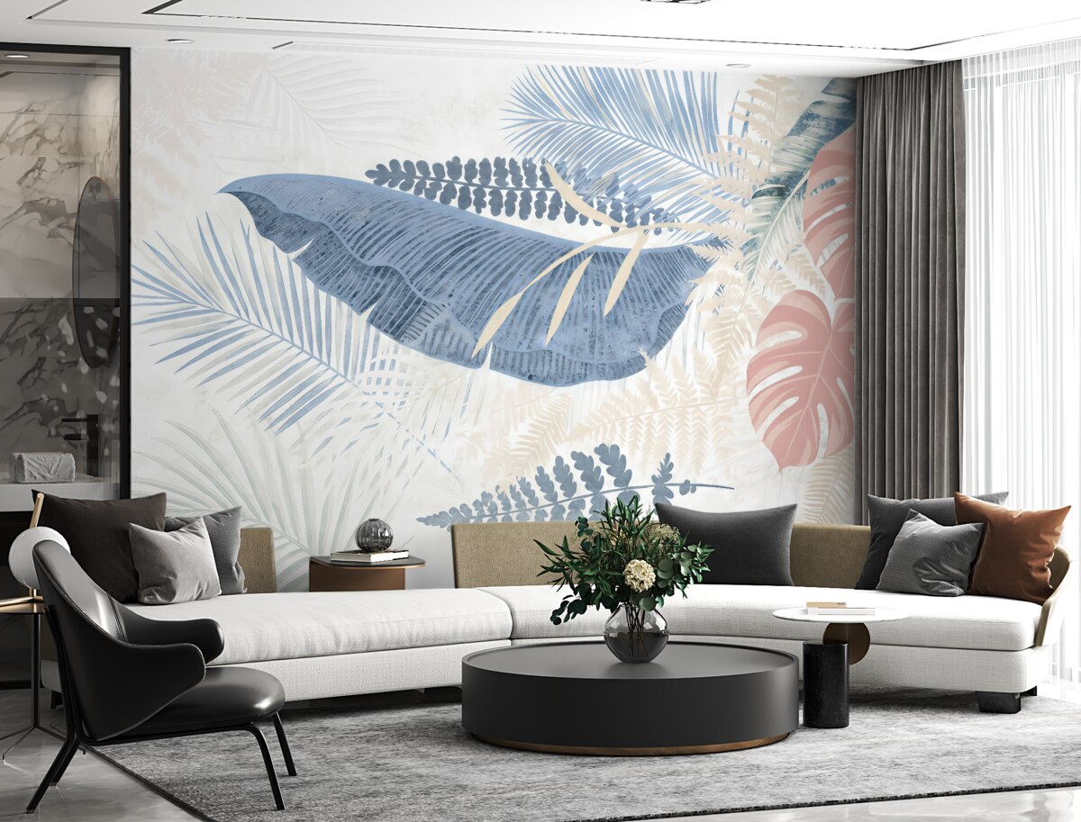 Fototapeta Wsp współczesny wzór roślinny z tropikalnym, teksturowanym motywem liści palmowych w różnych tonacjach niebieskiego, szarego i różowego.