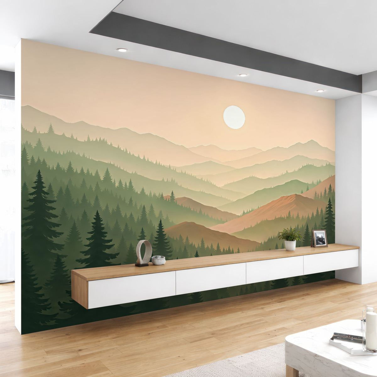 Fototapeta Górskie pejzaże, zachód słońca, las, sosny, natura, odcienie beżu i zieleni.