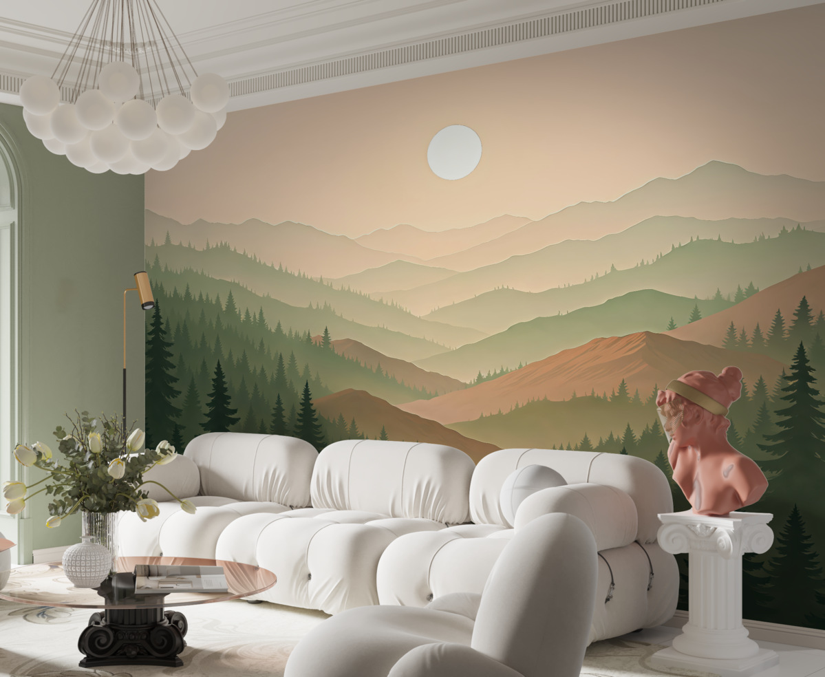 Fototapeta Górskie pejzaże, zachód słońca, las, sosny, natura, odcienie beżu i zieleni.