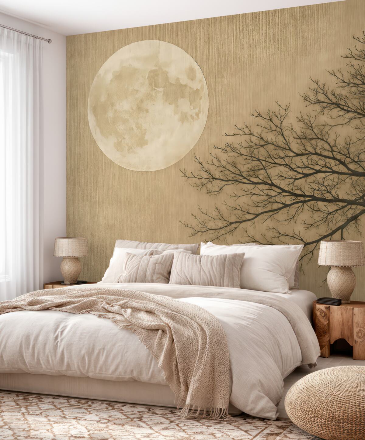 Fototapeta Zarys drzewa oraz pełnia księżyca na brązowej powierzchni.