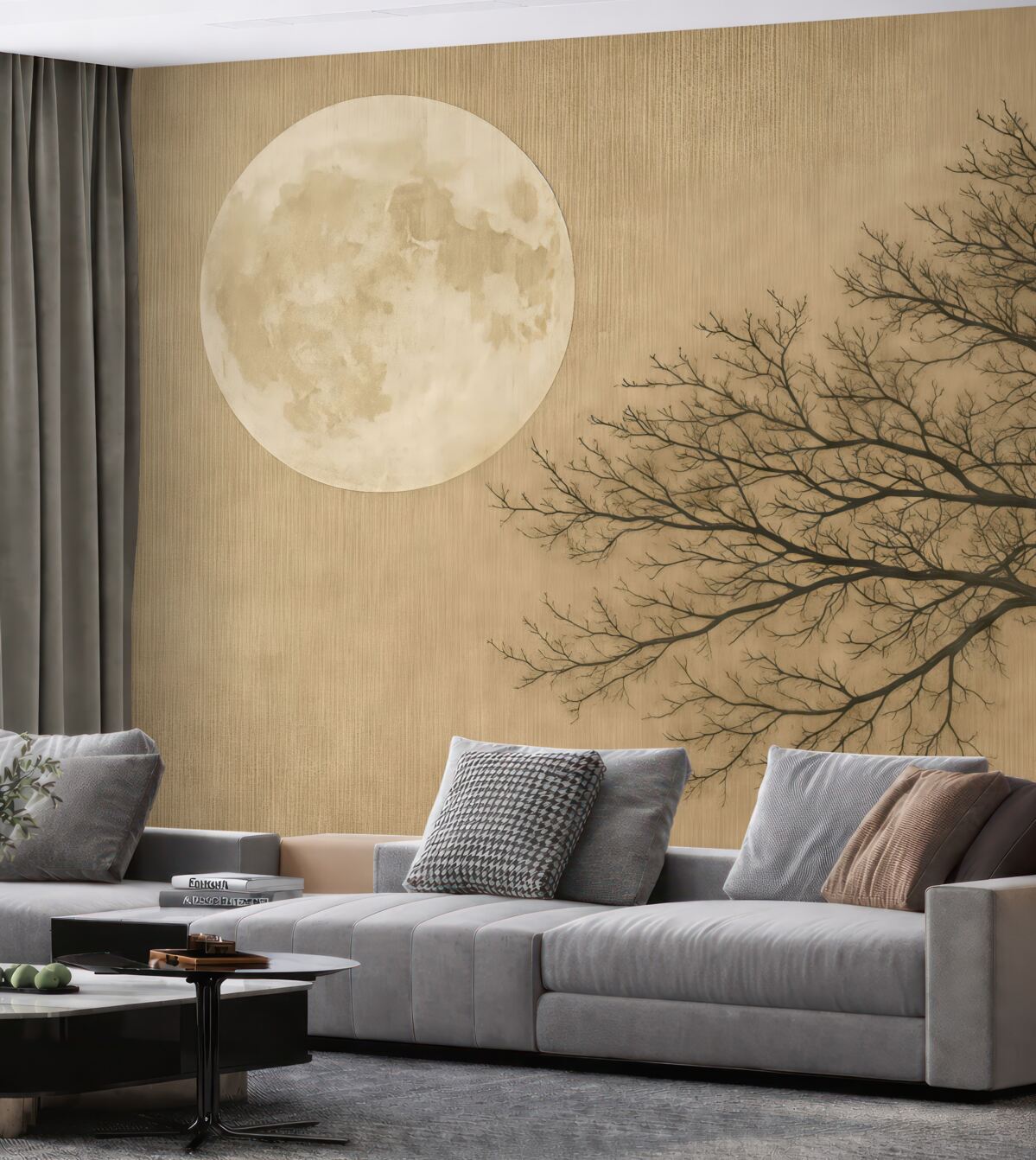 Fototapeta Zarys drzewa oraz pełnia księżyca na brązowej powierzchni.